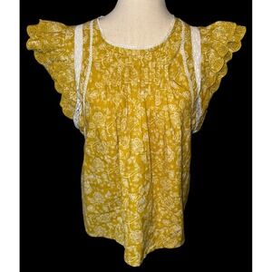 Jennifer Grace Top Womens‎ M Floral Pleated Eyelet Lace Ruffle Blouse Boho NEW